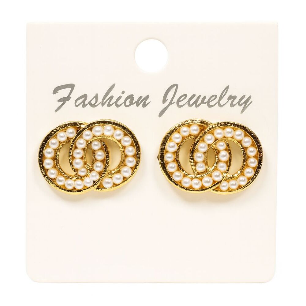 Gold Tone Metal Faux Pearl Stud Post Earrings Interlocking Circles Bridal Gift